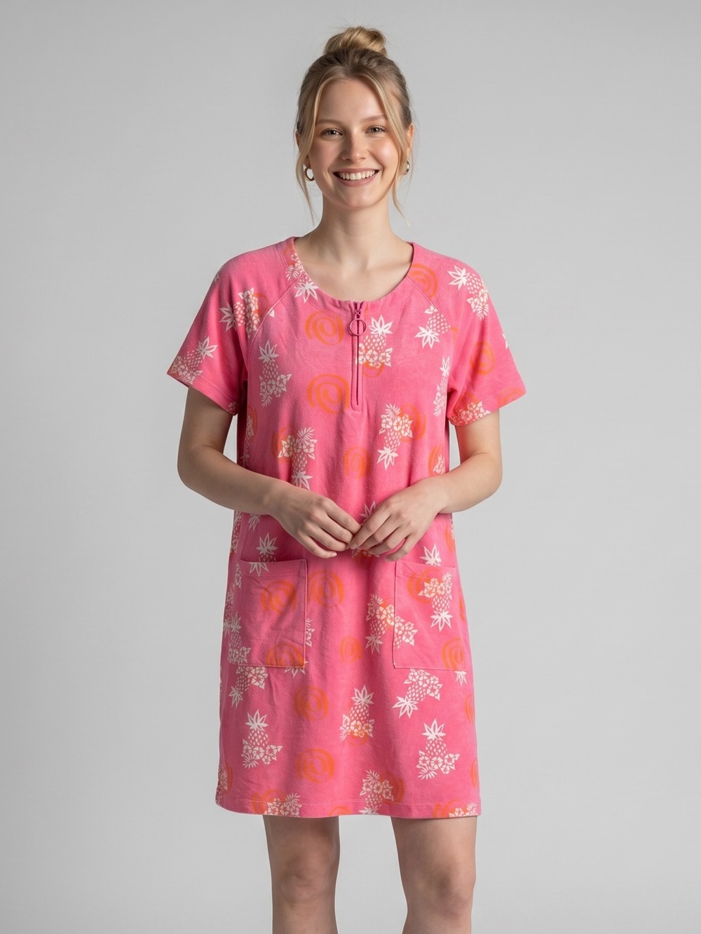 Palm Harbour Pink Pineapple Swim Cover Up Tropical Beach Pool Zip Neck Pockets